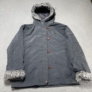 Roxy Jacket Womens Medium Gray Hooded Faux Fur Trim Quilted Nylon Winter Coat